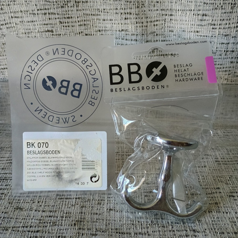 Beslagsboden BK 070 Double Shelf Hook Polished Chrome Silver Hardware Sweden